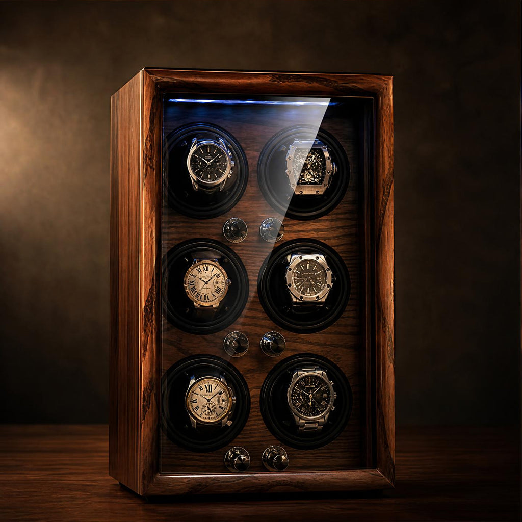 Remontoir bois noir façon cuir 6 montres LED - Le Vice-Amiral VI - Maison Delcombe - vue 1