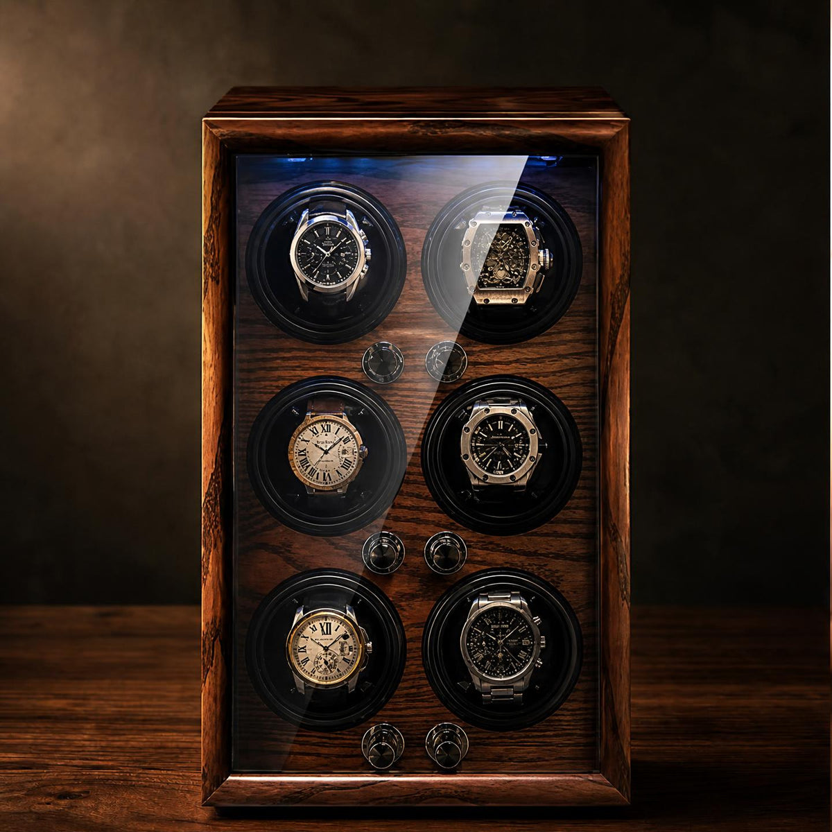 Remontoir bois noir façon cuir 6 montres LED - Le Vice-Amiral VI - Maison Delcombe - vue 4