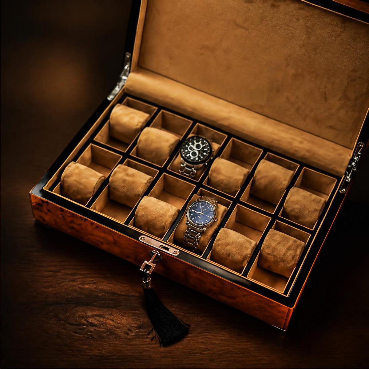 Boîte à montre bois panneau empereur Qianlong 12 montres - Maison Delcombe - vue 3