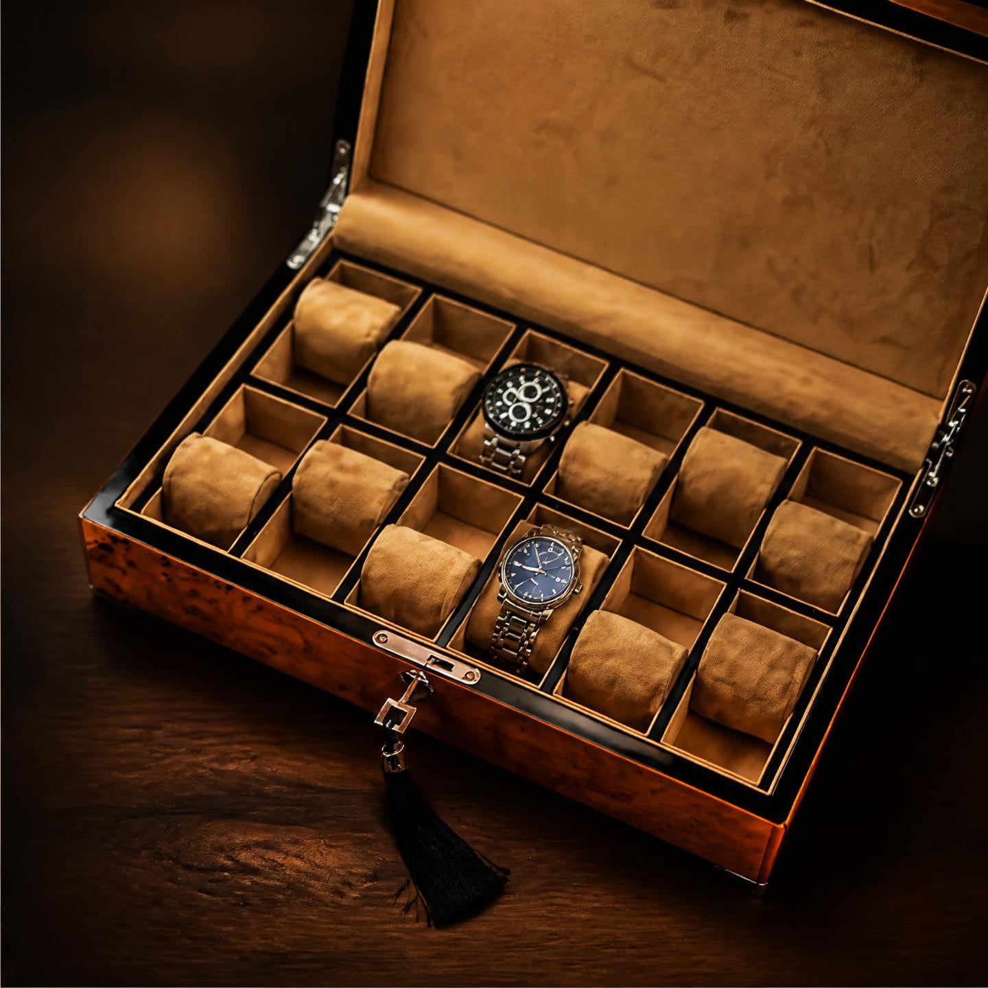 Boîte à montre bois panneau empereur Qianlong 12 montres - Maison Delcombe - vue 3 Image