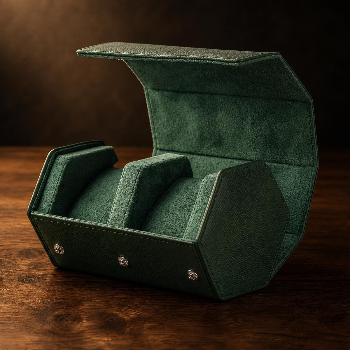 Étui de voyage cuir vert 2 montres - Forêt Impériale II - Maison Delcombe - vue 1