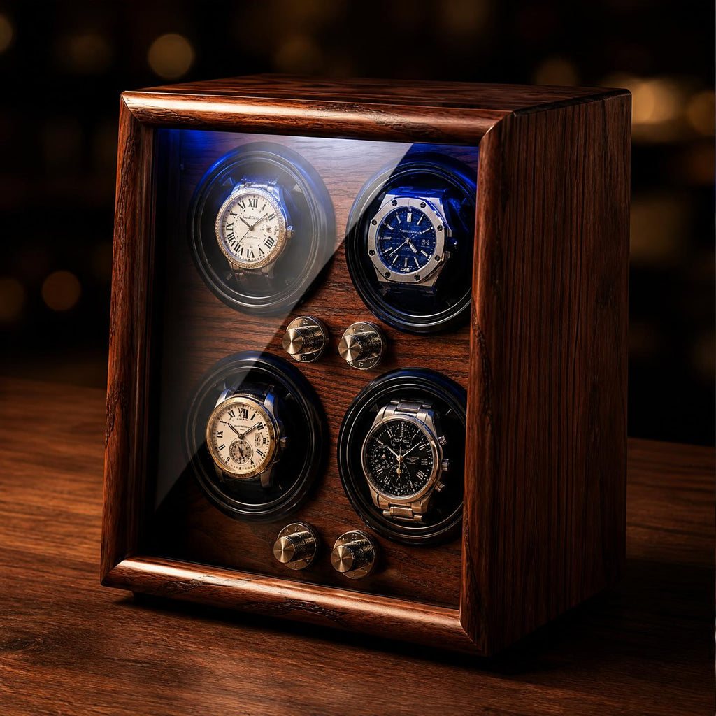 Remontoir bois noir façon cuir 4 montres LED - Le Vice-Amiral IV - Maison Delcombe - vue 1