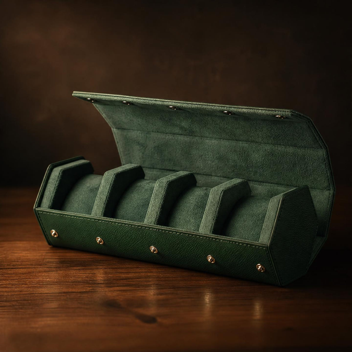 Étui de voyage cuir vert 4 montres - Forêt Impériale IV - Maison Delcombe - vue 1