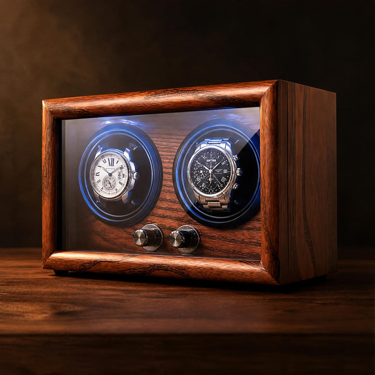 Remontoir bois noir façon cuir 2 montres LED - Le Vice-Amiral II - Maison Delcombe - vue 1