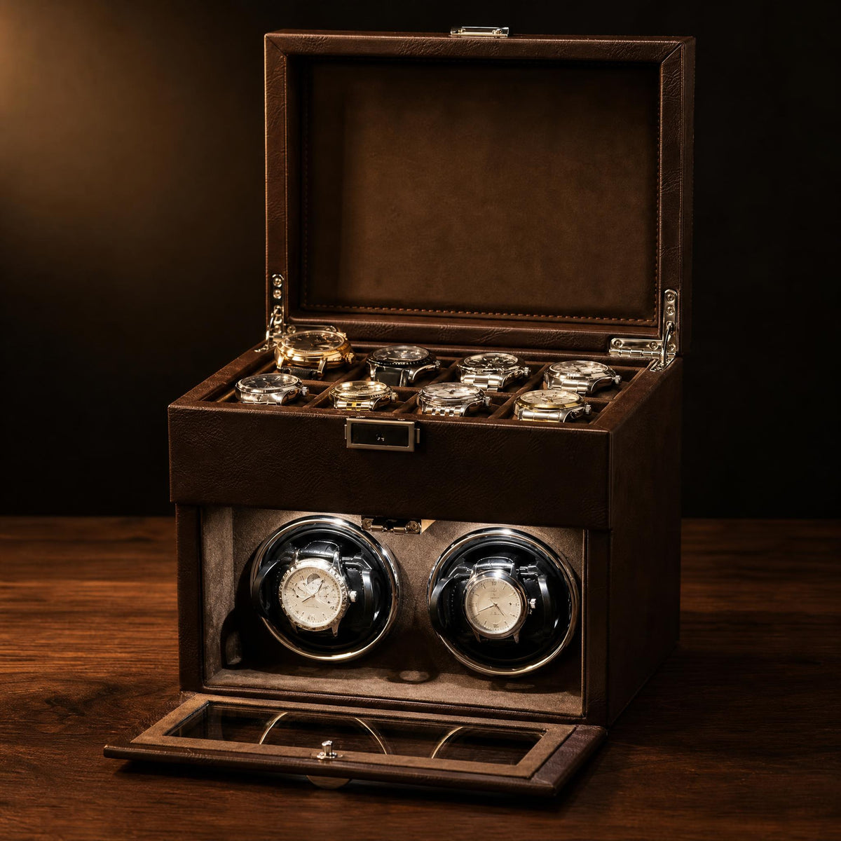 Remontoir automatique 2 montres cuir cognac grainé - L'Héritier Cognac II - Maison Delcombe - vue 1